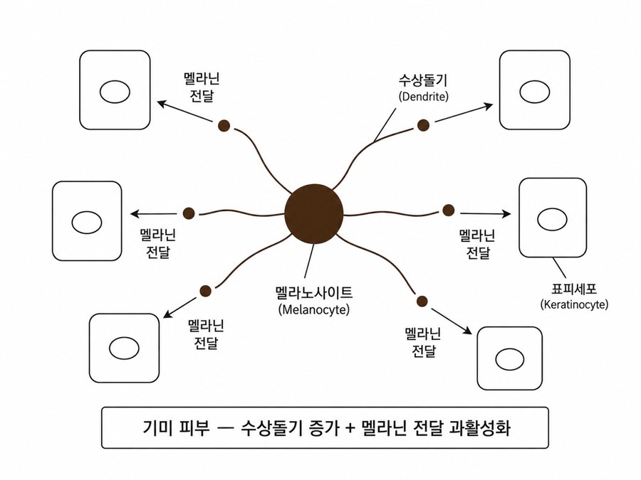 멜라노사이트와 수상돌기의 멜라닌 전달