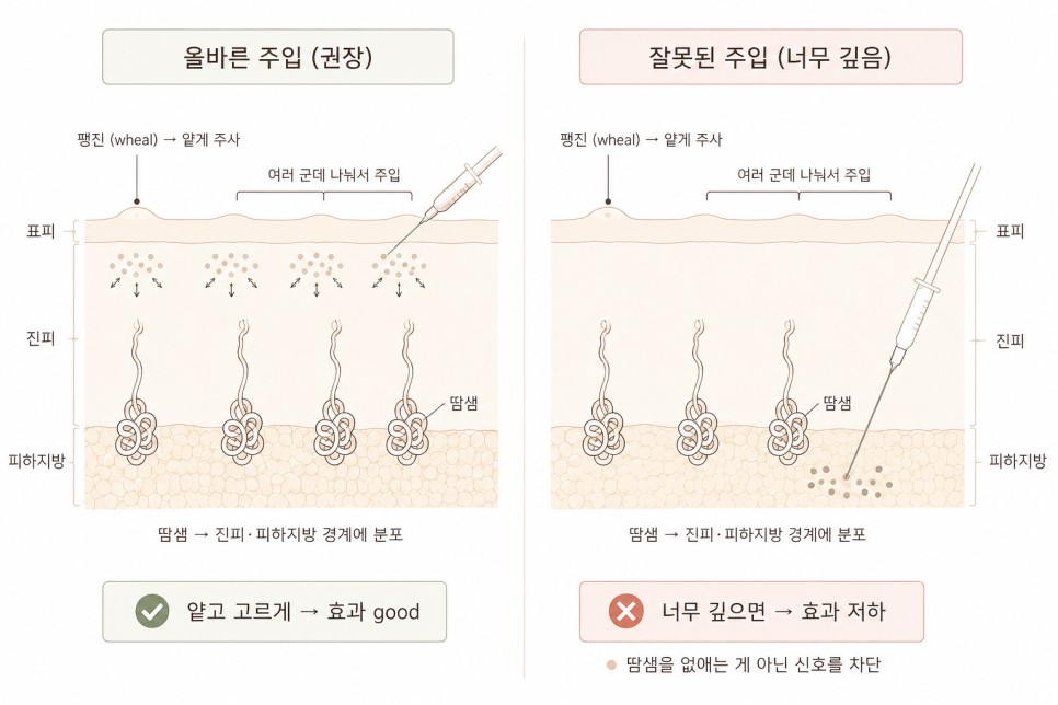 다한증 보톡스 올바른 주입 깊이와 잘못된 주입 비교