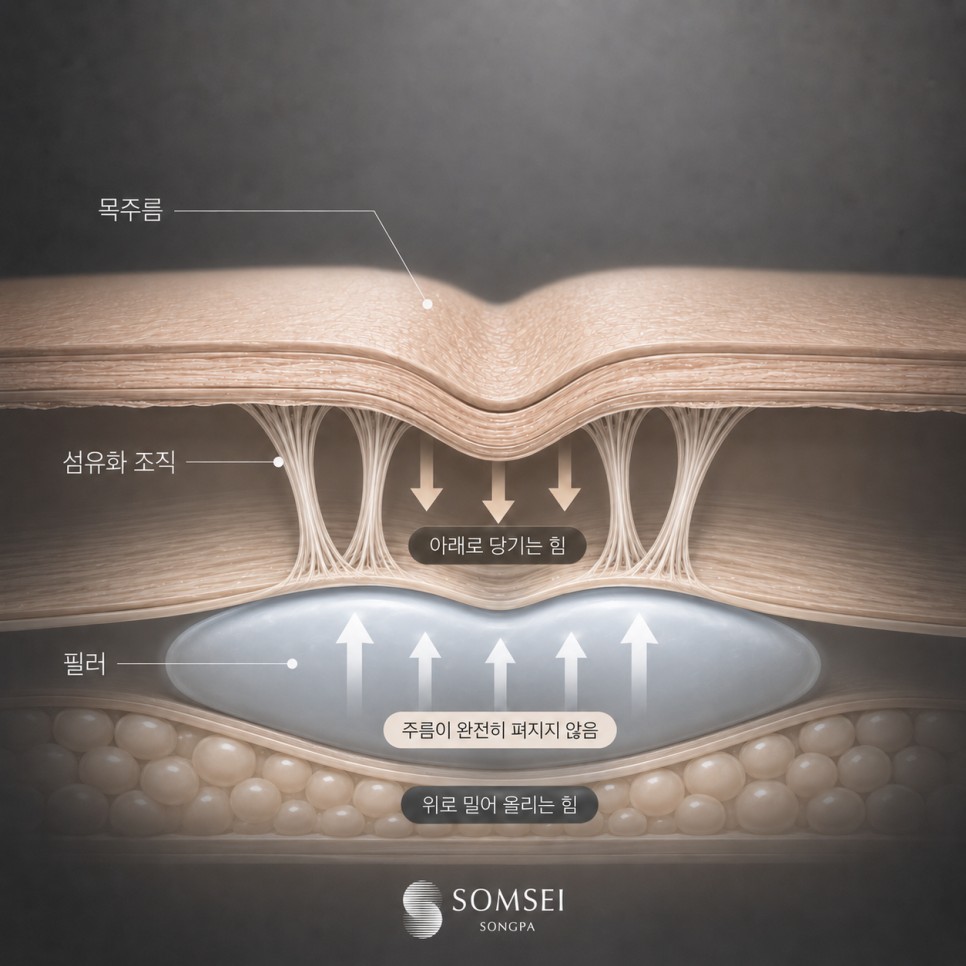 유착이 남은 채 필러를 넣었을 때 맞서는 두 힘